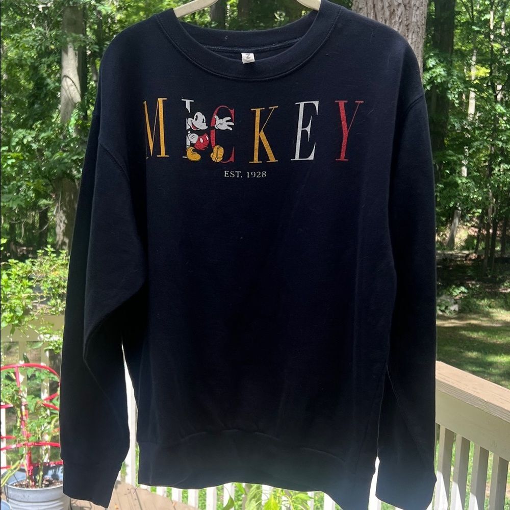 Disney Navy Crewneck Sweater with Mickey Mouse and Multicolor Letters